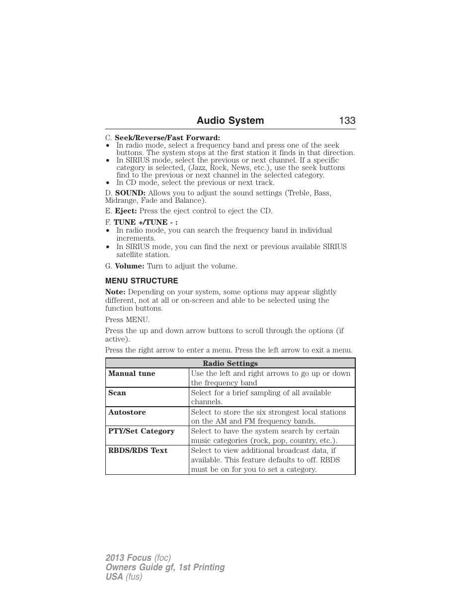 Menu structure, Audio system 133 | FORD 2013 Focus v.1 User Manual | Page 133 / 475