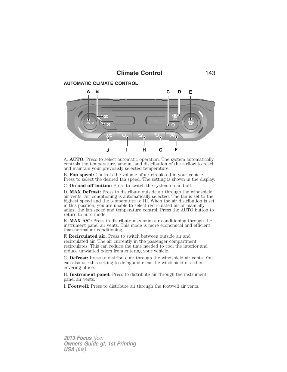 Automatic climate control, Dual automatic temperature control, Climate control 143 | FORD 2013 Focus v.1 User Manual | Page 143 / 475