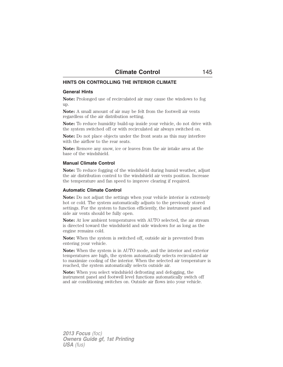 Hints on controlling the interior climate, General hints, Manual climate control | Automatic climate control, Climate control 145 | FORD 2013 Focus v.1 User Manual | Page 145 / 475