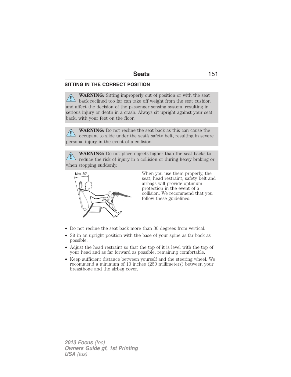 Seats, Sitting in the correct position, Seats 151 | FORD 2013 Focus v.1 User Manual | Page 151 / 475