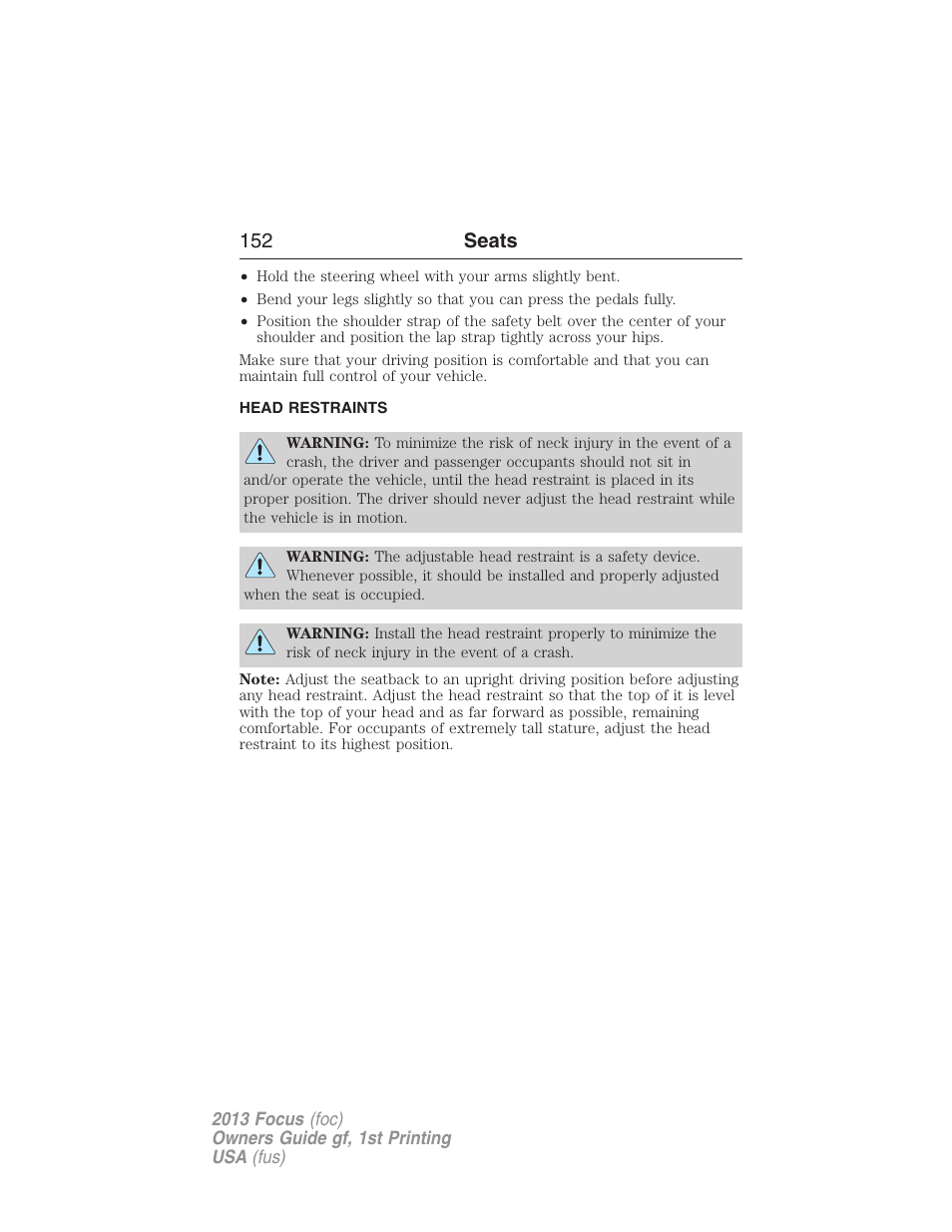 Head restraints, 152 seats | FORD 2013 Focus v.1 User Manual | Page 152 / 475