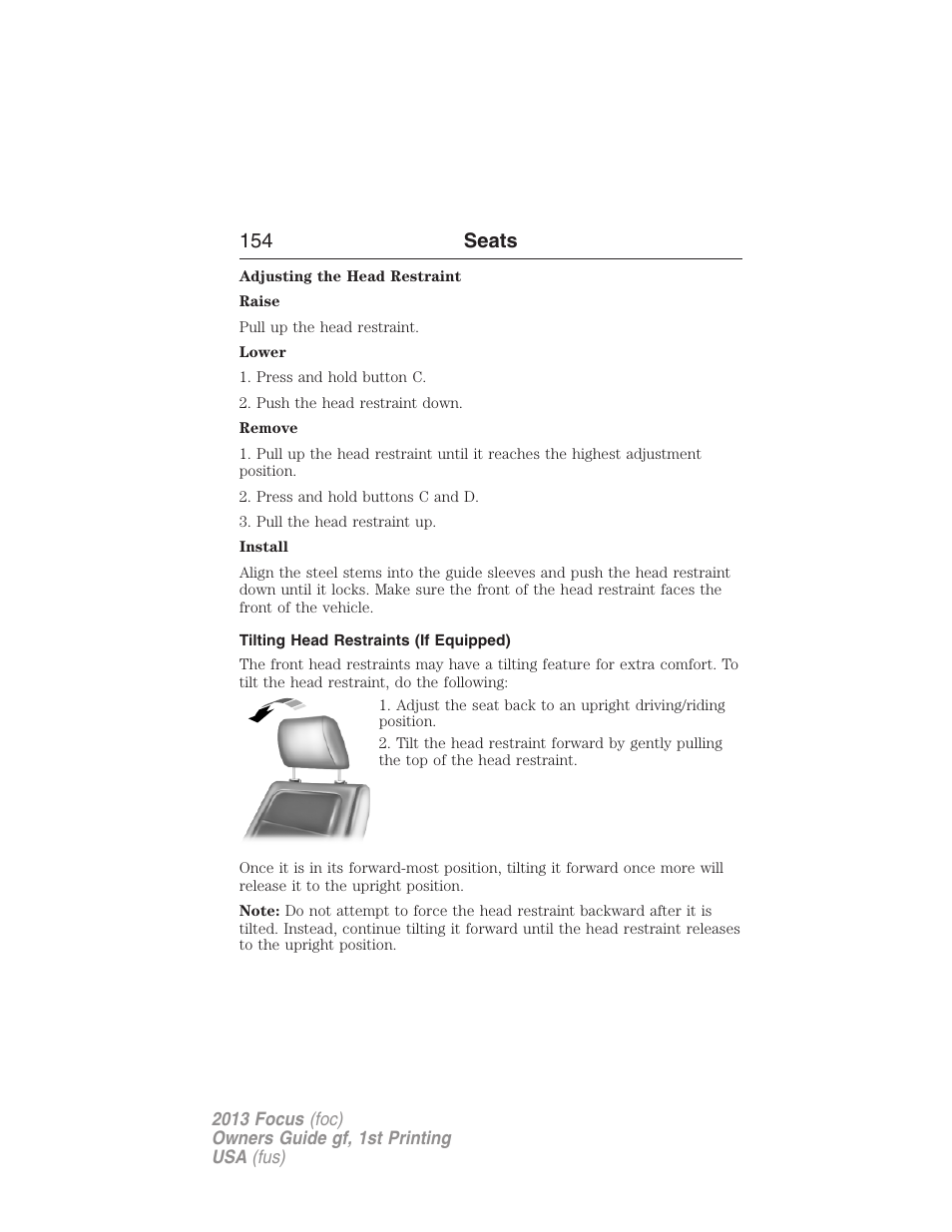 Tilting head restraints (if equipped), 154 seats | FORD 2013 Focus v.1 User Manual | Page 154 / 475