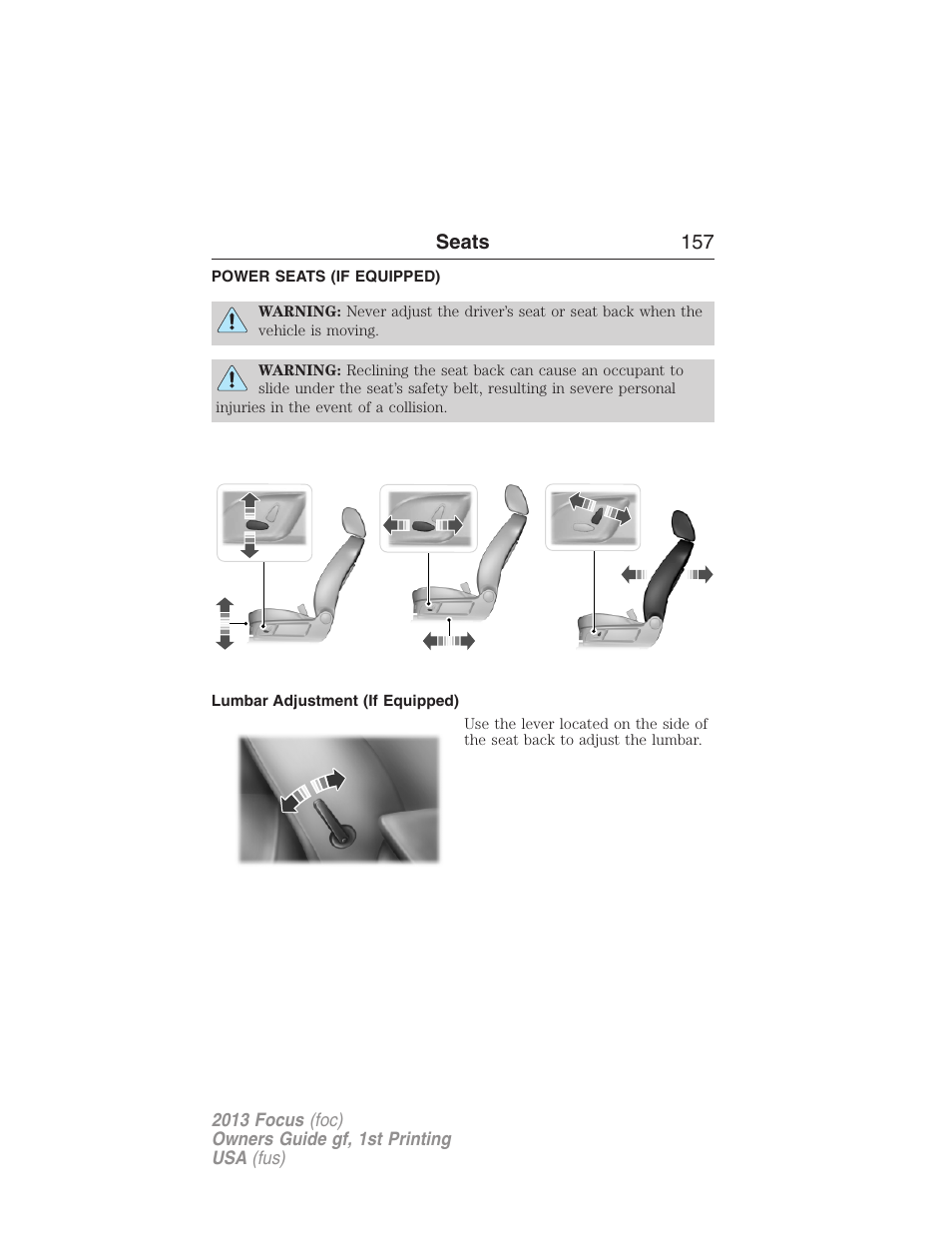 Power seats (if equipped), Lumbar adjustment (if equipped), Power seats | Seats 157 | FORD 2013 Focus v.1 User Manual | Page 157 / 475