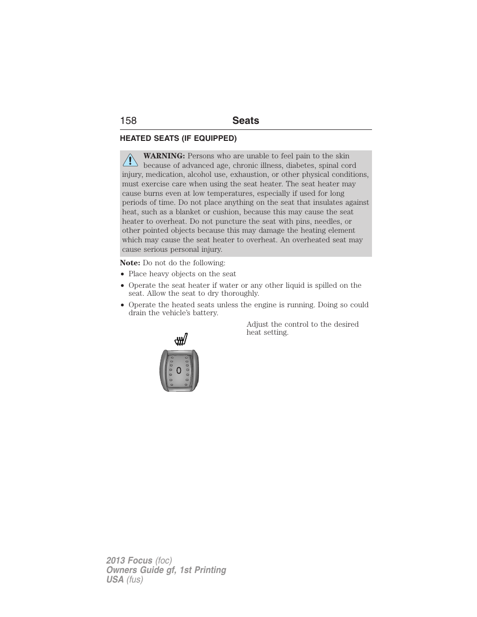 Heated seats (if equipped), Heated seats, 158 seats | FORD 2013 Focus v.1 User Manual | Page 158 / 475