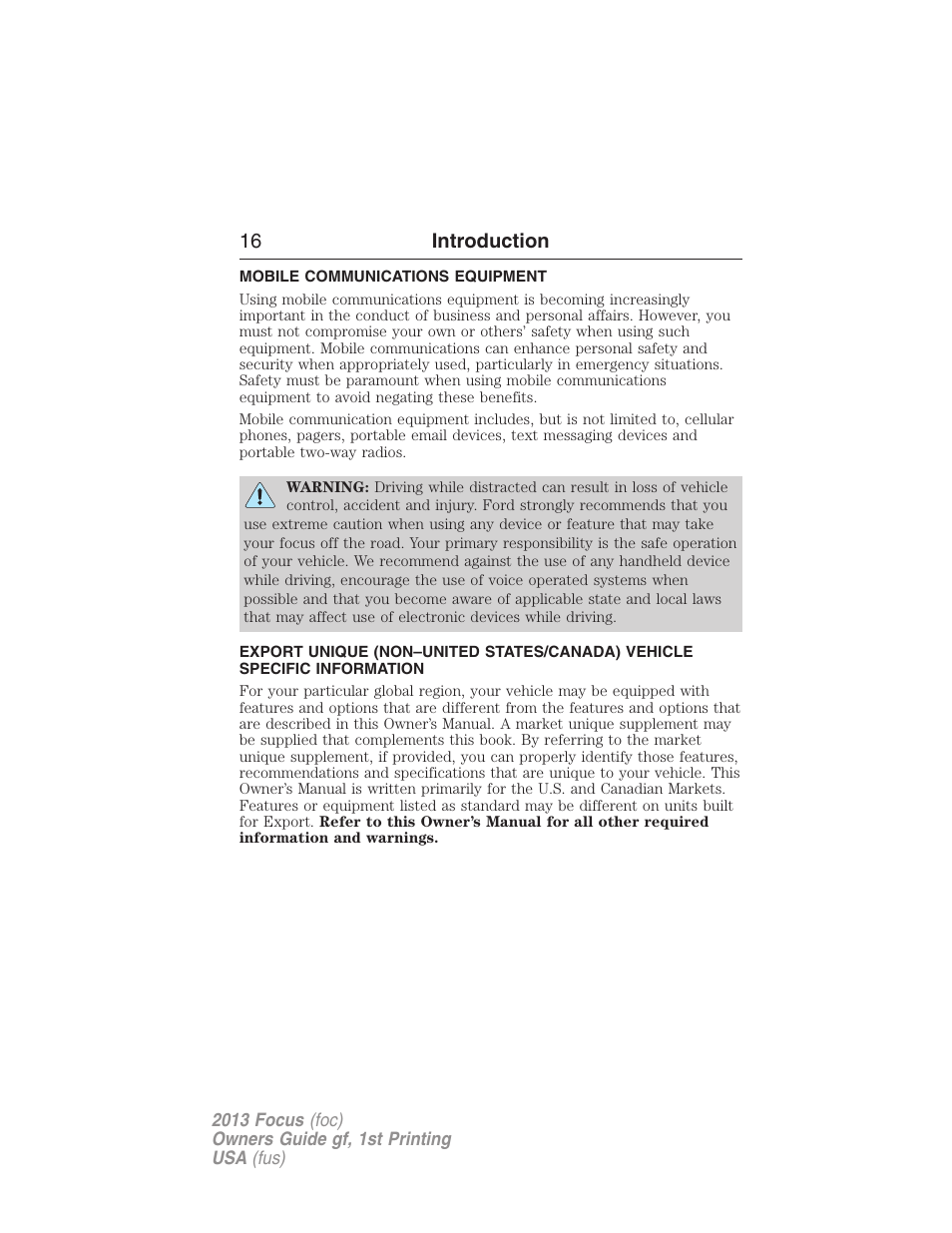 Mobile communications equipment, 16 introduction | FORD 2013 Focus v.1 User Manual | Page 16 / 475