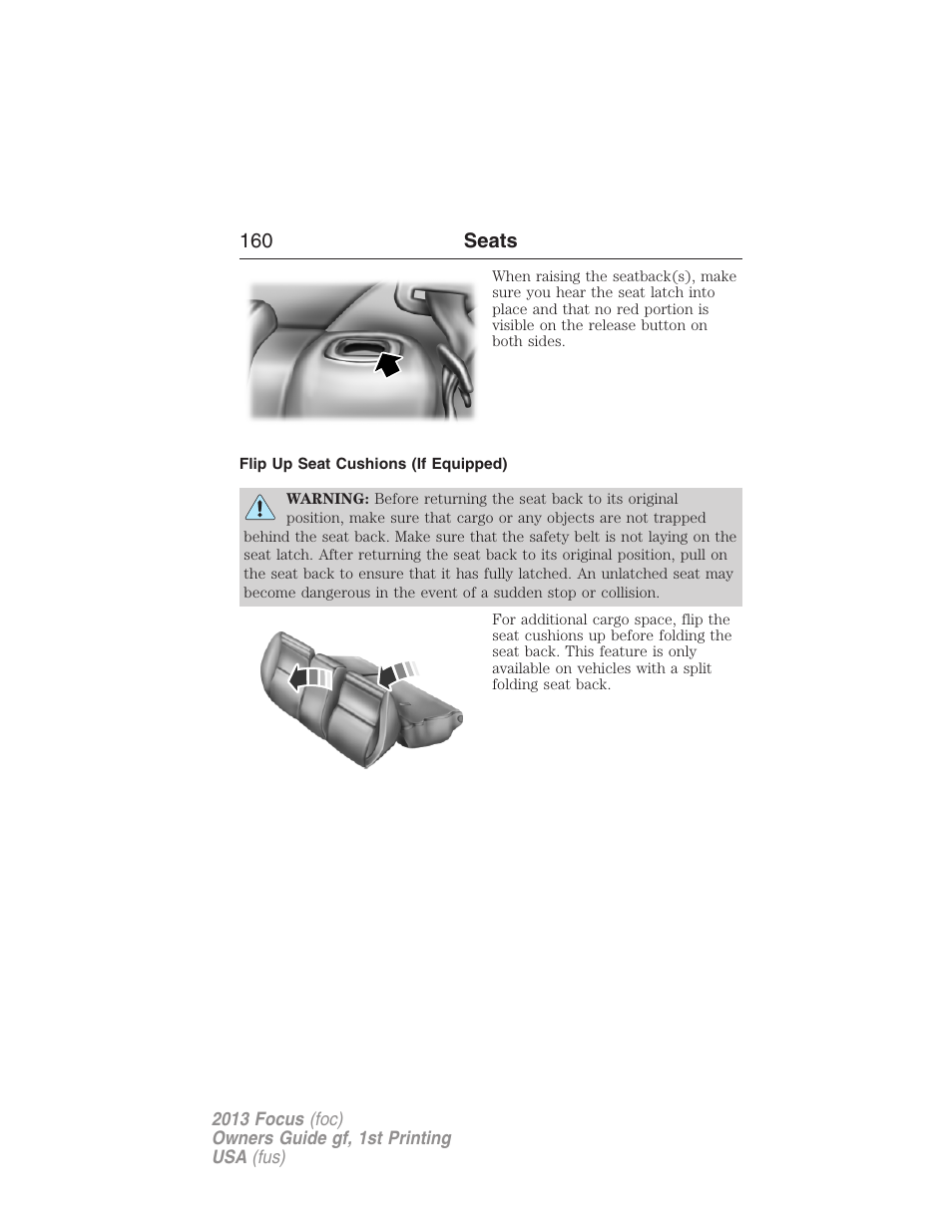 Flip up seat cushions (if equipped) | FORD 2013 Focus v.1 User Manual | Page 160 / 475