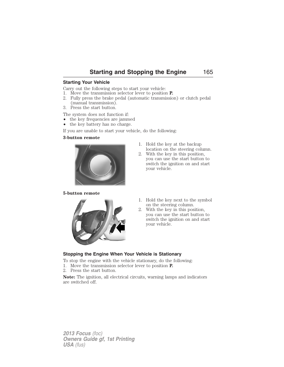 Starting your vehicle, Starting and stopping the engine 165 | FORD 2013 Focus v.1 User Manual | Page 165 / 475