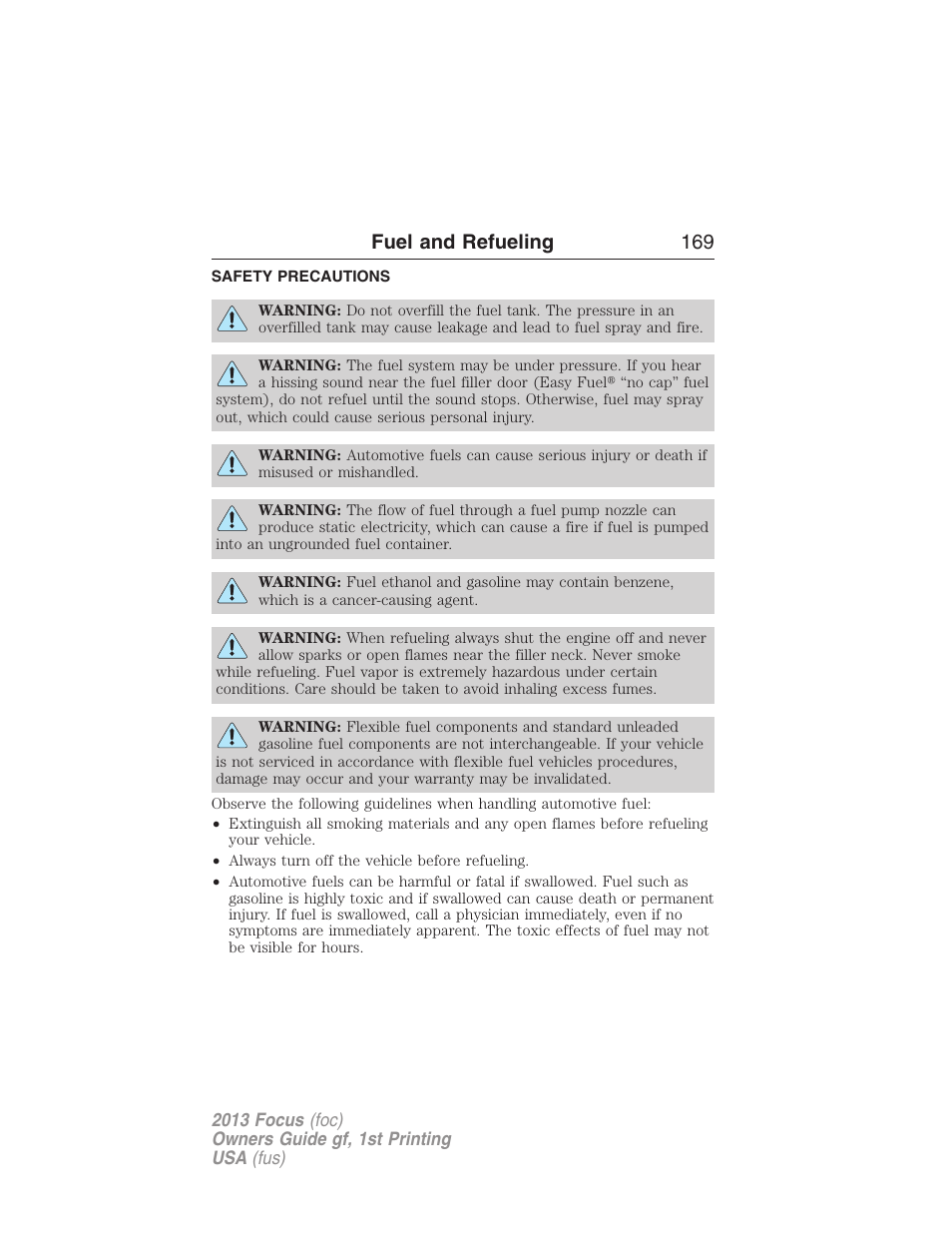 Fuel and refueling, Safety precautions, Fuel and refueling 169 | FORD 2013 Focus v.1 User Manual | Page 169 / 475