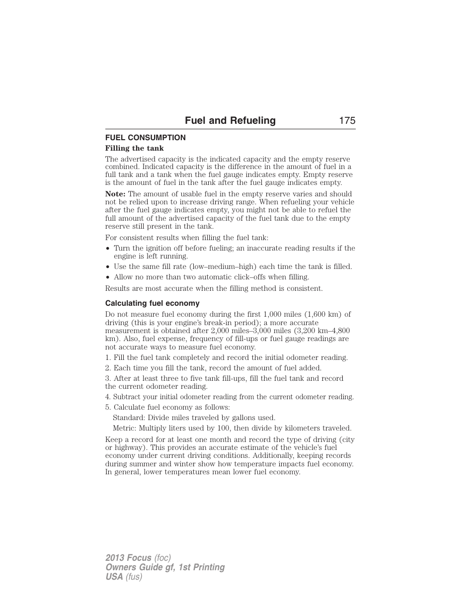 Fuel consumption, Calculating fuel economy, Fuel and refueling 175 | FORD 2013 Focus v.1 User Manual | Page 175 / 475