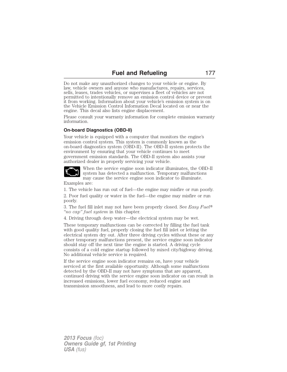 On-board diagnostics (obd-ii), Fuel and refueling 177 | FORD 2013 Focus v.1 User Manual | Page 177 / 475