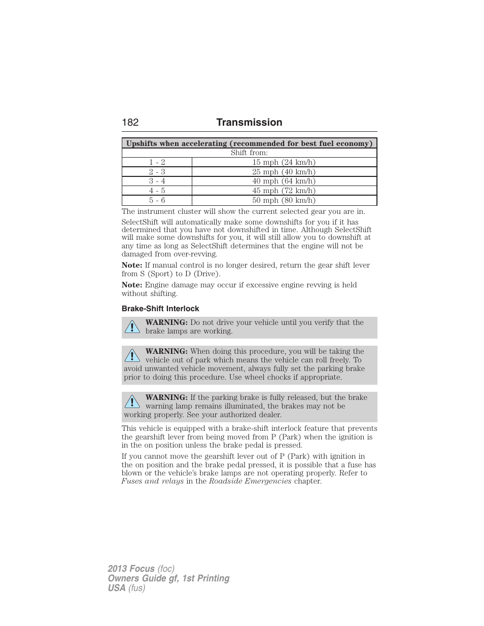 Brake-shift interlock, 182 transmission | FORD 2013 Focus v.1 User Manual | Page 182 / 475