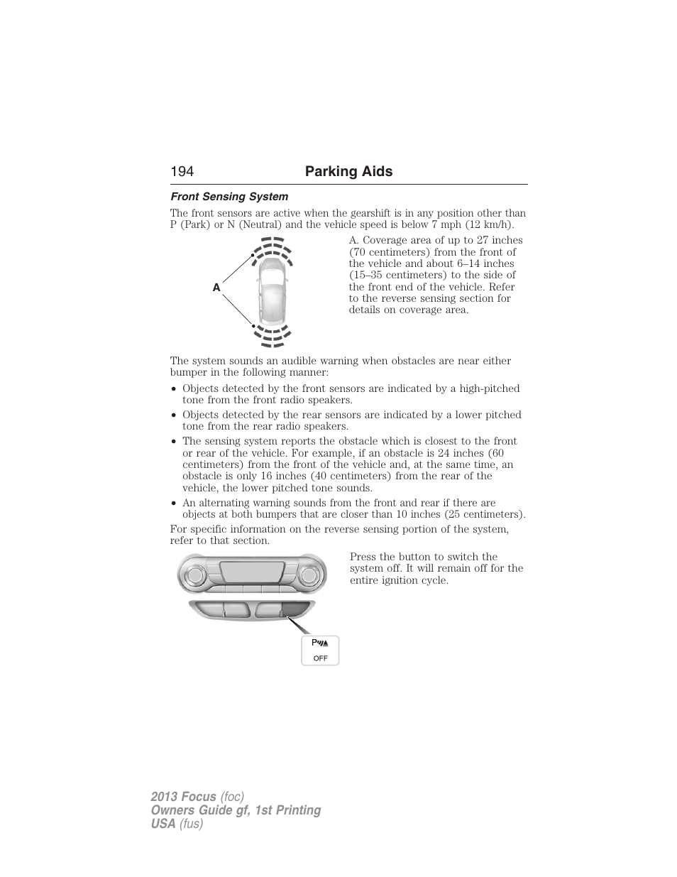 Front sensing system, 194 parking aids | FORD 2013 Focus v.1 User Manual | Page 194 / 475