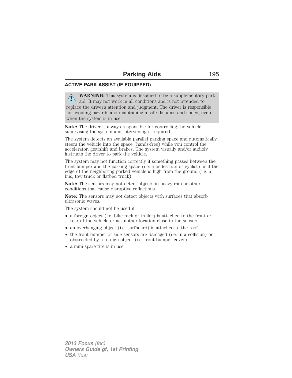 Active park assist (if equipped), Active park assist, Parking aids 195 | FORD 2013 Focus v.1 User Manual | Page 195 / 475