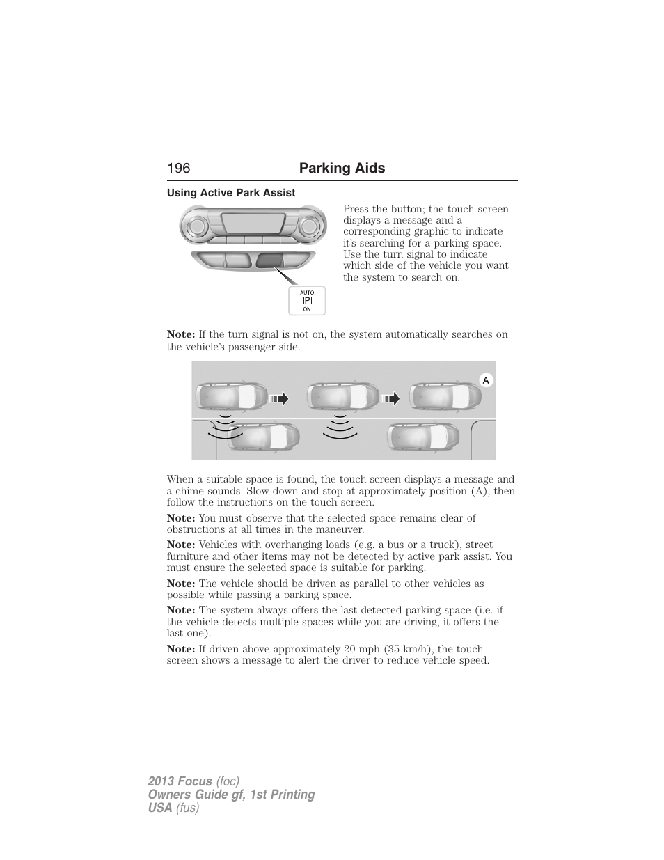 Using active park assist, 196 parking aids | FORD 2013 Focus v.1 User Manual | Page 196 / 475