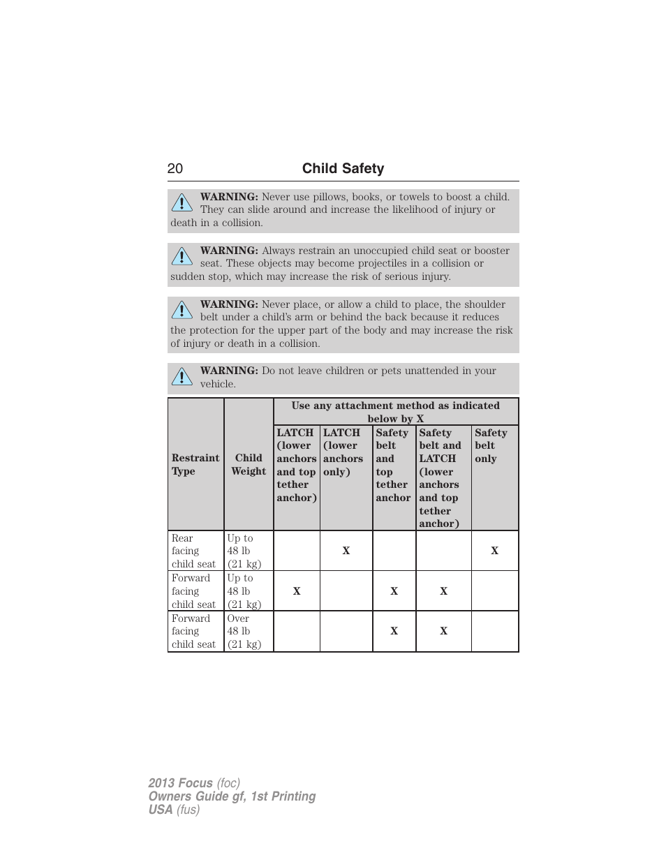 20 child safety | FORD 2013 Focus v.1 User Manual | Page 20 / 475