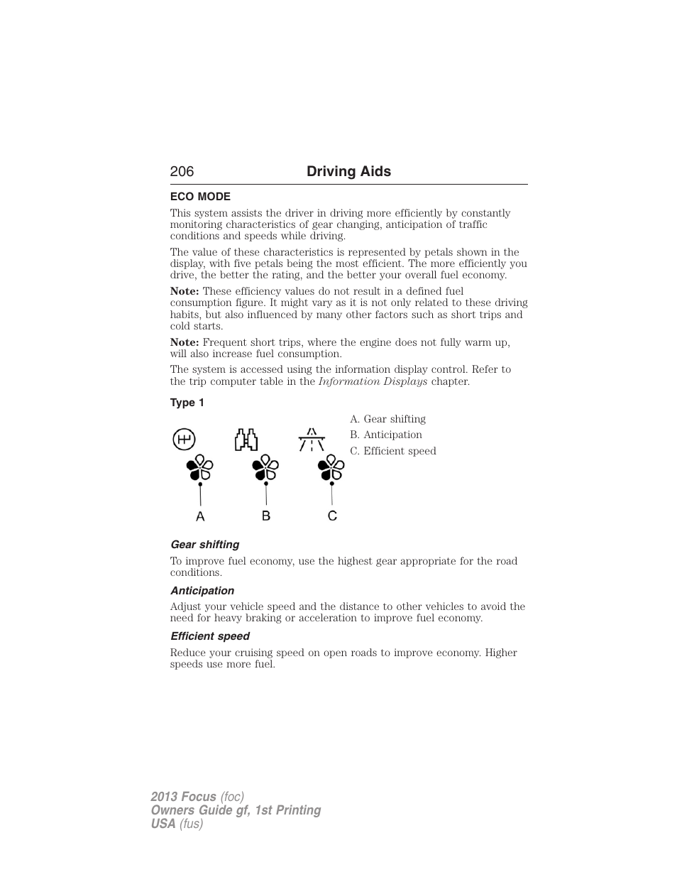 Driving aids, Eco mode, Type 1 | Gear shifting, Anticipation, Efficient speed, 206 driving aids | FORD 2013 Focus v.1 User Manual | Page 206 / 475