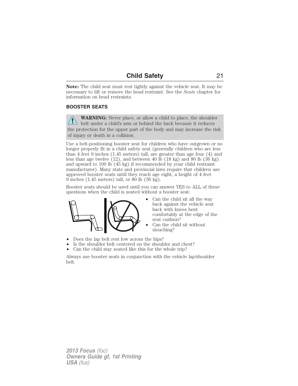 Booster seats, Child safety 21 | FORD 2013 Focus v.1 User Manual | Page 21 / 475