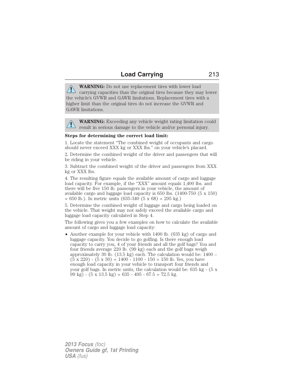 Load carrying 213 | FORD 2013 Focus v.1 User Manual | Page 213 / 475