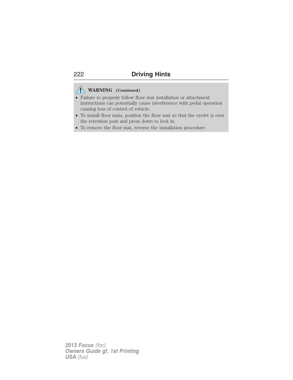 222 driving hints | FORD 2013 Focus v.1 User Manual | Page 222 / 475