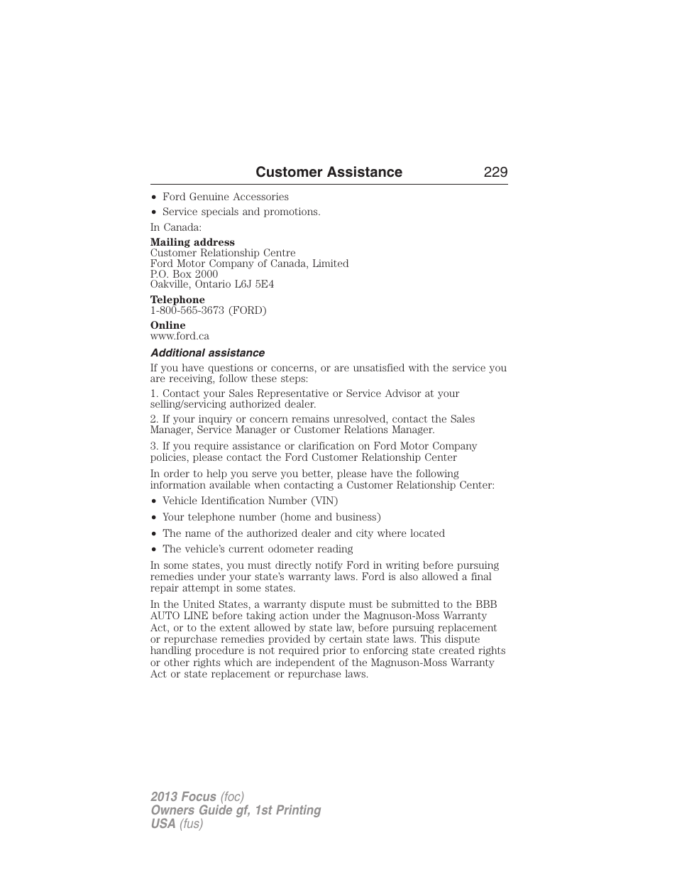 Additional assistance, Customer assistance 229 | FORD 2013 Focus v.1 User Manual | Page 229 / 475