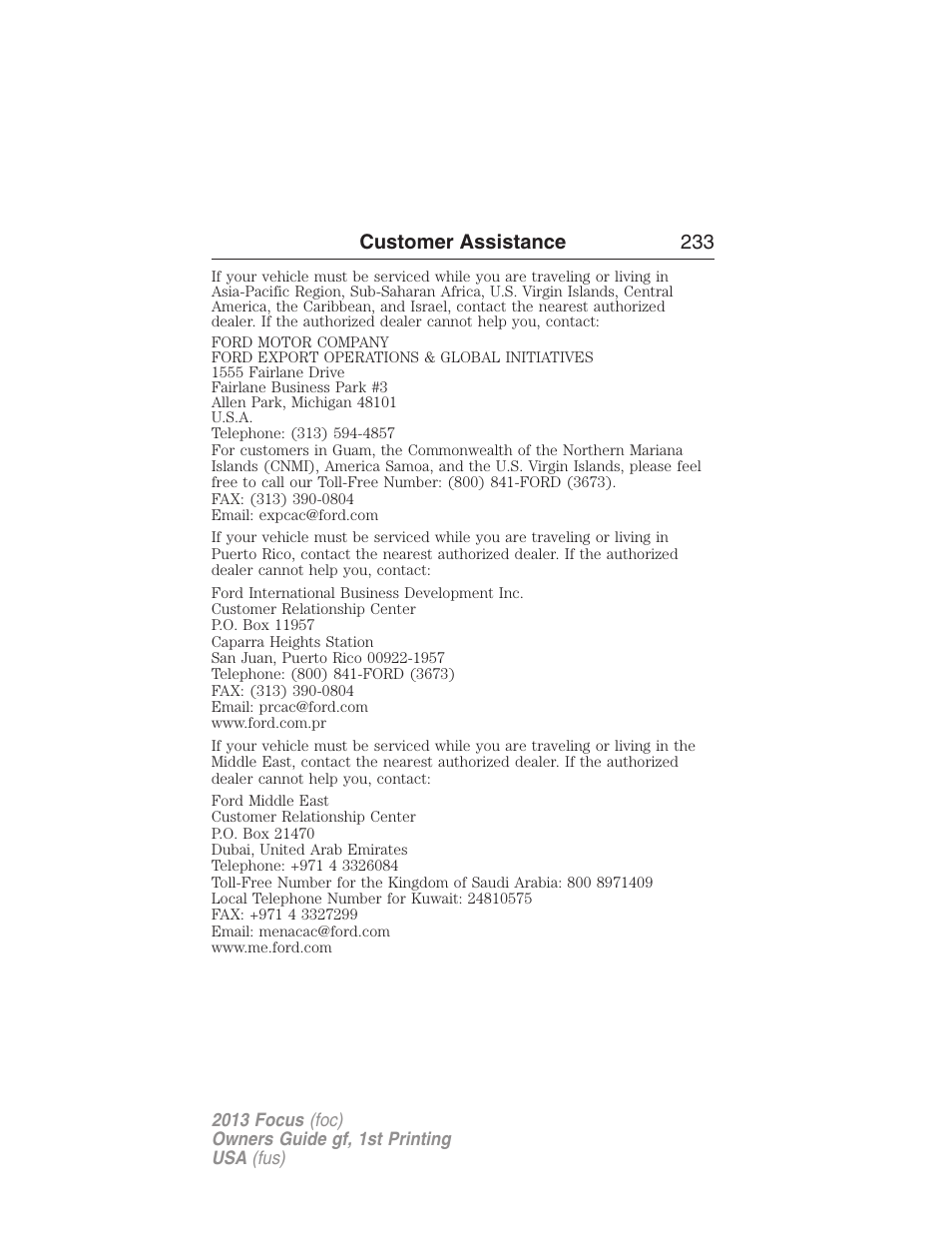 Customer assistance 233 | FORD 2013 Focus v.1 User Manual | Page 233 / 475