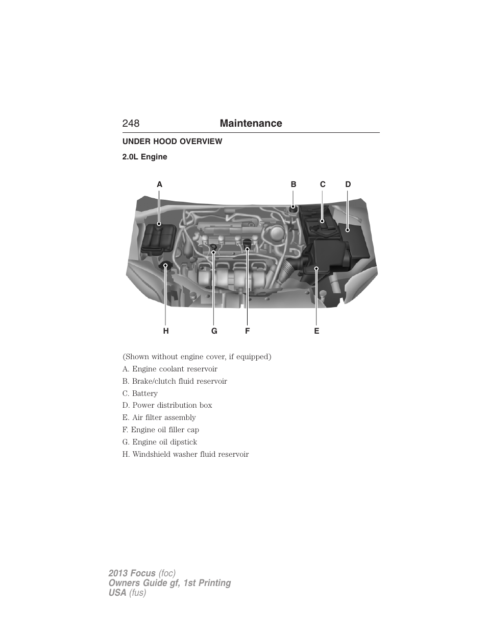 Under hood overview, 0l engine, 248 maintenance | FORD 2013 Focus v.1 User Manual | Page 248 / 475