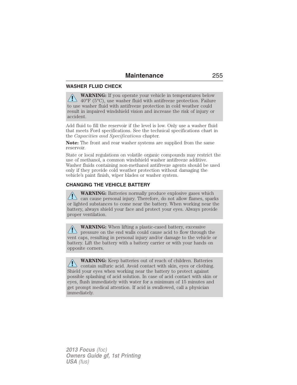 Washer fluid check, Changing the vehicle battery, Maintenance 255 | FORD 2013 Focus v.1 User Manual | Page 255 / 475