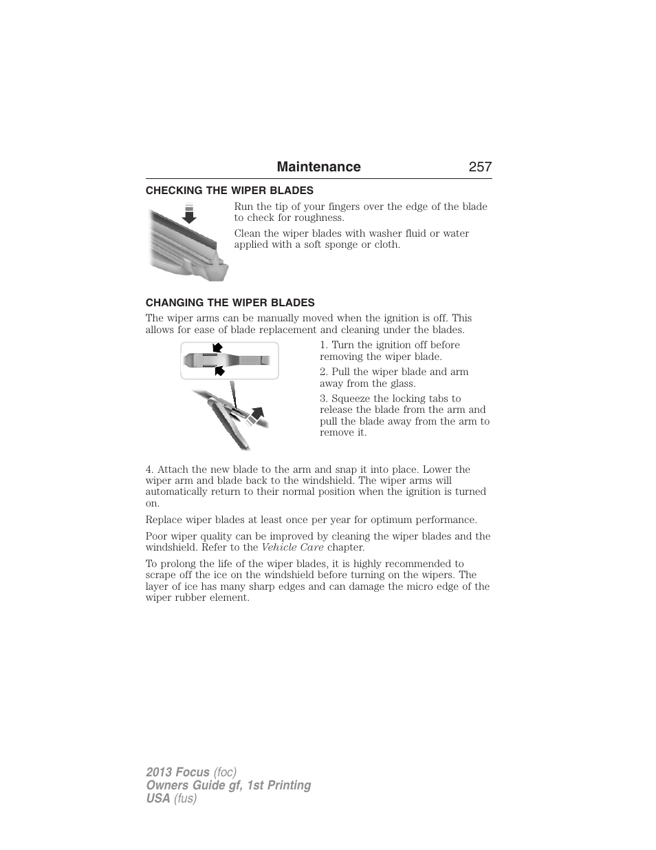 Checking the wiper blades, Changing the wiper blades, Maintenance 257 | FORD 2013 Focus v.1 User Manual | Page 257 / 475