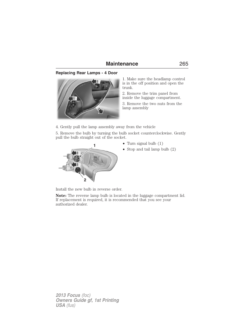 Replacing rear lamps - 4 door, Maintenance 265 | FORD 2013 Focus v.1 User Manual | Page 265 / 475