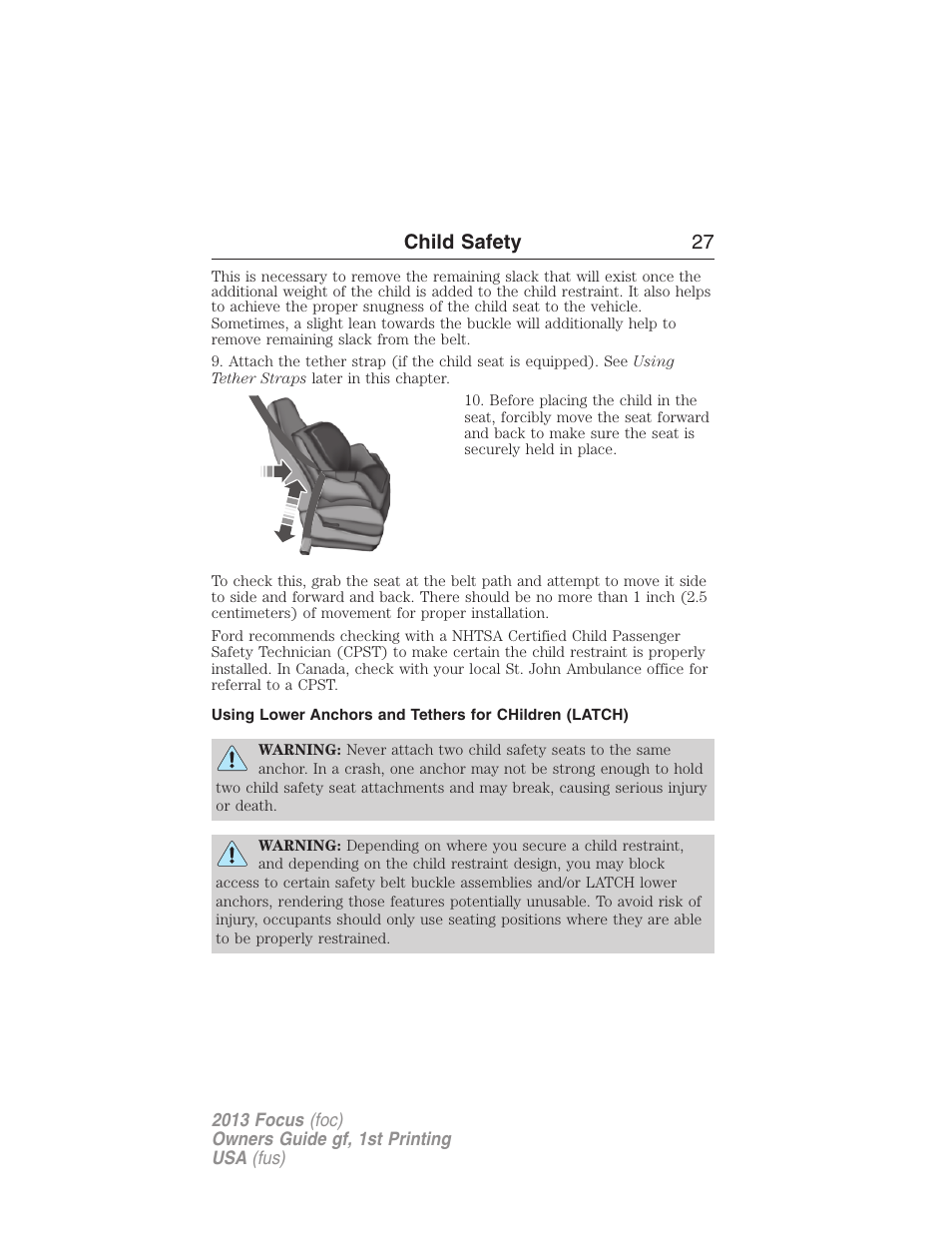 Child safety 27 | FORD 2013 Focus v.1 User Manual | Page 27 / 475