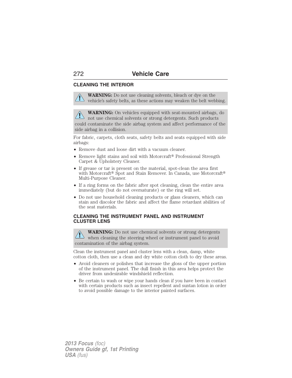 Cleaning the interior, 272 vehicle care | FORD 2013 Focus v.1 User Manual | Page 272 / 475