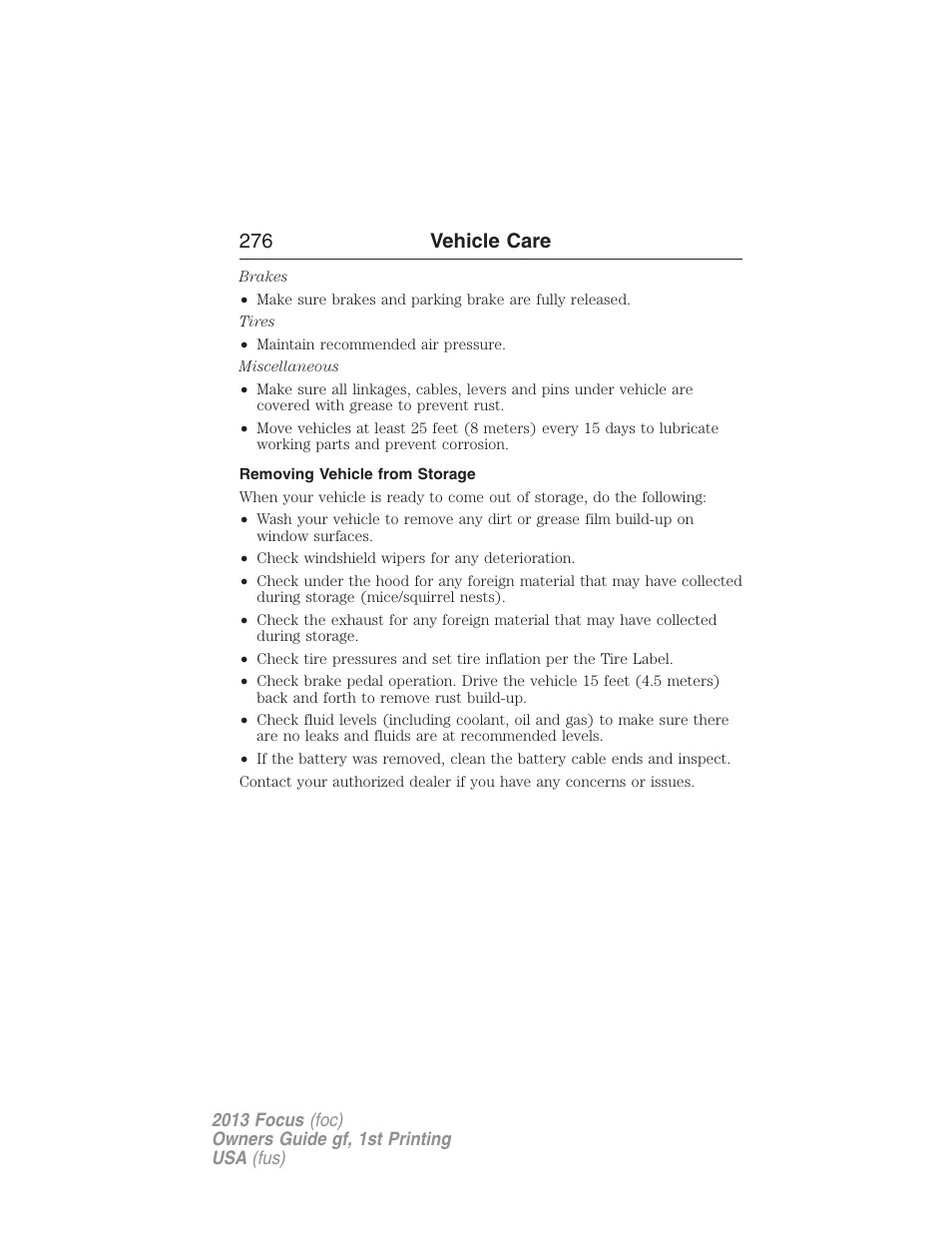 Removing vehicle from storage, 276 vehicle care | FORD 2013 Focus v.1 User Manual | Page 276 / 475