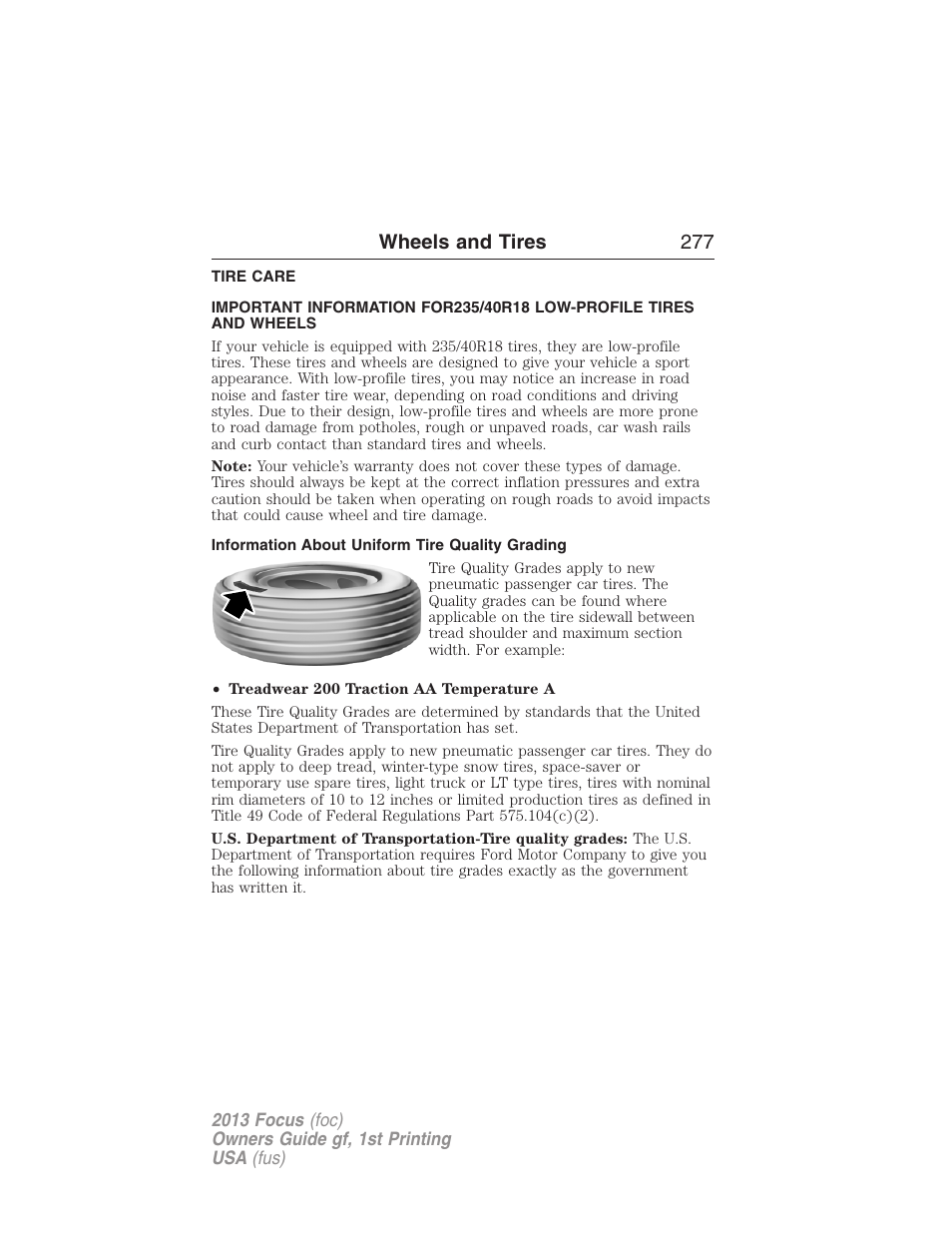 Wheels and tires, Tire care, Information about uniform tire quality grading | Wheels and tires 277 | FORD 2013 Focus v.1 User Manual | Page 277 / 475