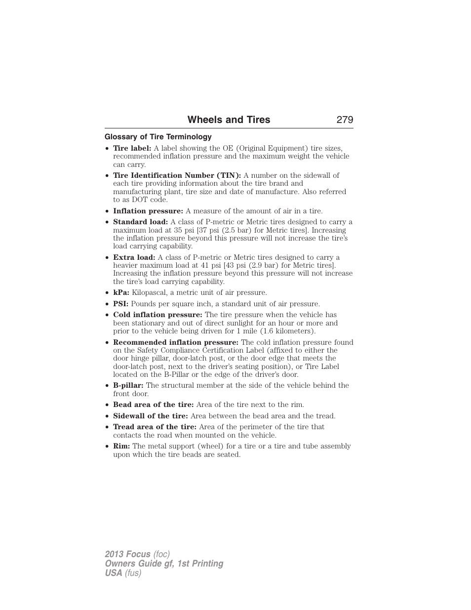 Glossary of tire terminology, Wheels and tires 279 | FORD 2013 Focus v.1 User Manual | Page 279 / 475