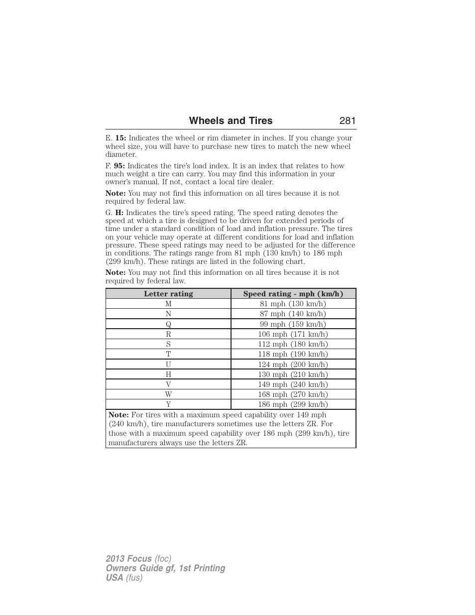 Wheels and tires 281 | FORD 2013 Focus v.1 User Manual | Page 281 / 475