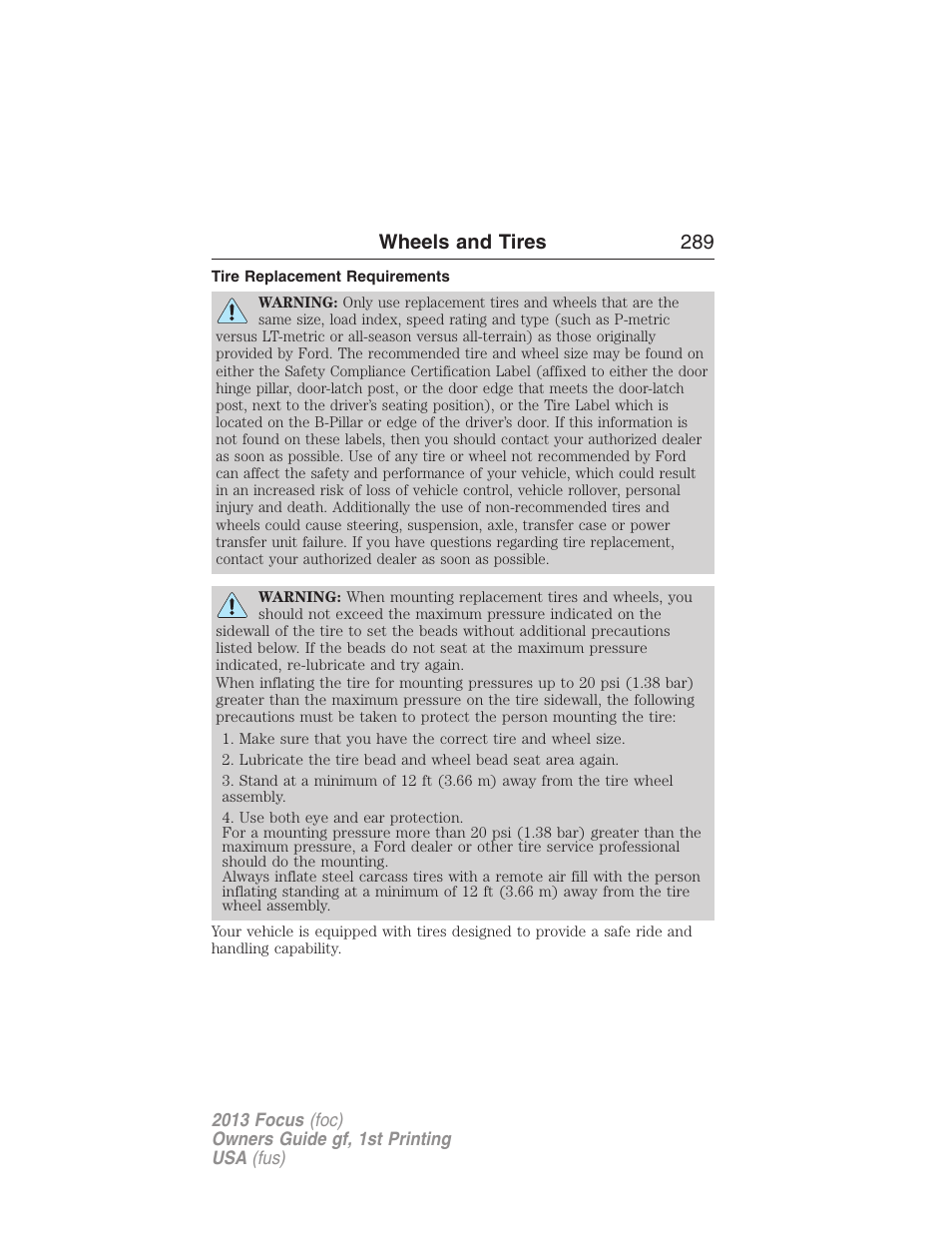 Tire replacement requirements, Wheels and tires 289 | FORD 2013 Focus v.1 User Manual | Page 289 / 475