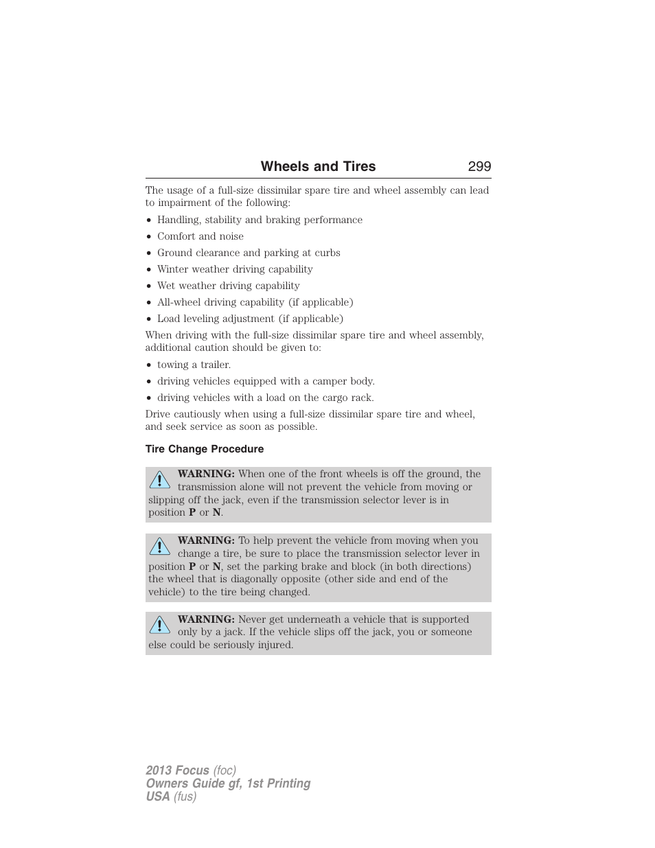 Tire change procedure, Wheels and tires 299 | FORD 2013 Focus v.1 User Manual | Page 299 / 475