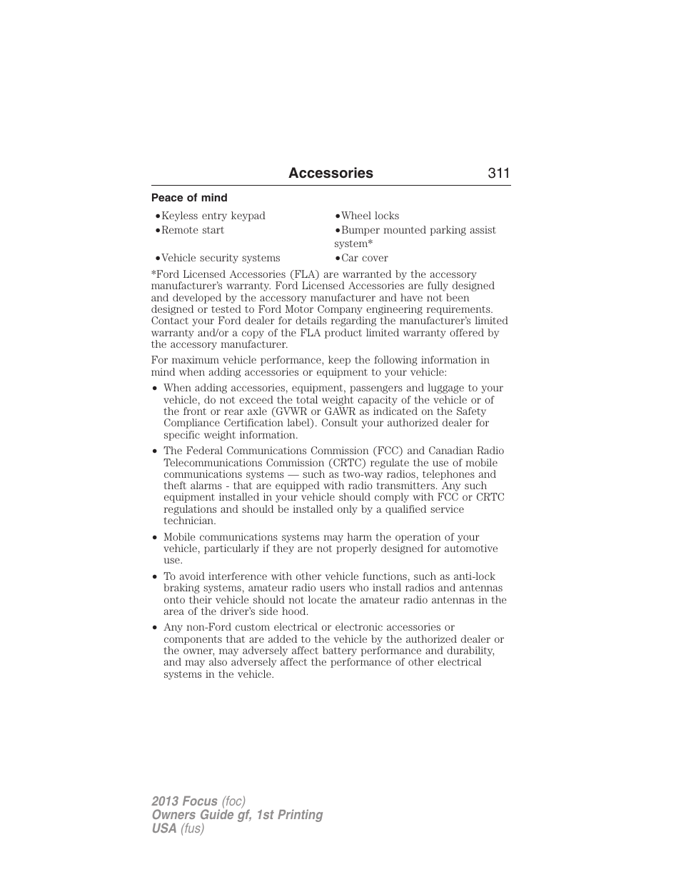 Peace of mind, Accessories 311 | FORD 2013 Focus v.1 User Manual | Page 311 / 475