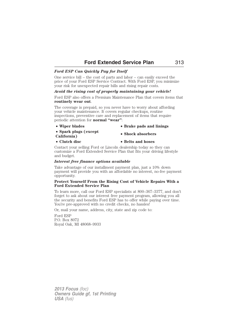 Ford extended service plan 313 | FORD 2013 Focus v.1 User Manual | Page 313 / 475