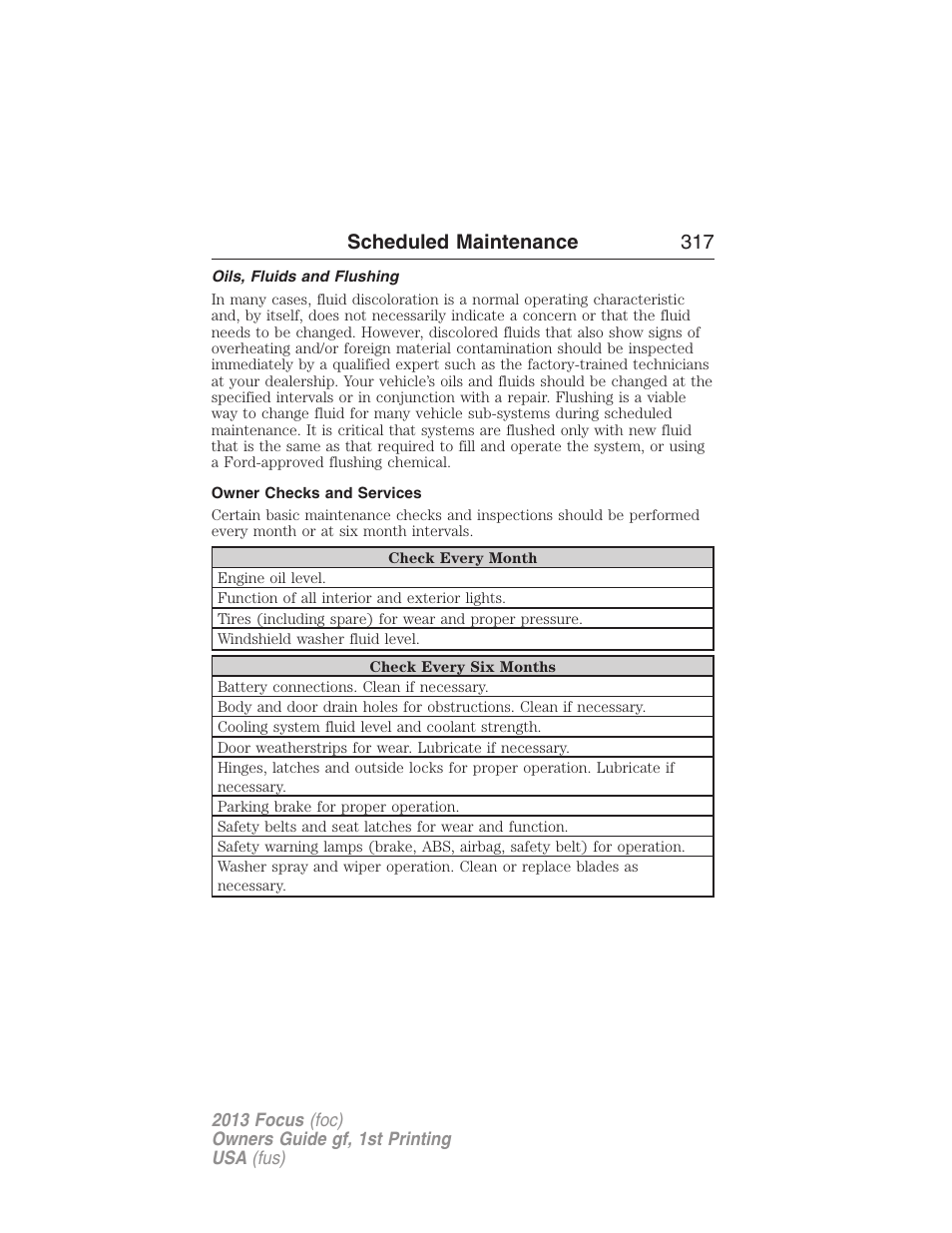 Oils, fluids and flushing, Owner checks and services, Scheduled maintenance 317 | FORD 2013 Focus v.1 User Manual | Page 317 / 475