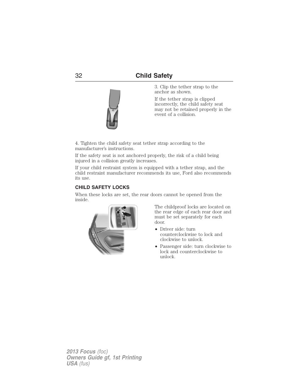 Child safety locks, 32 child safety | FORD 2013 Focus v.1 User Manual | Page 32 / 475
