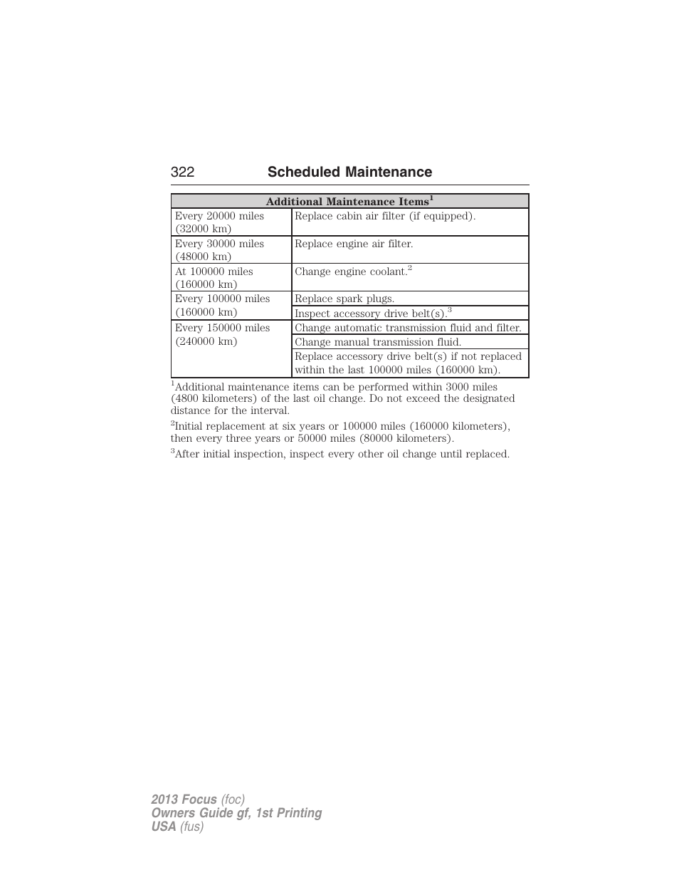 322 scheduled maintenance | FORD 2013 Focus v.1 User Manual | Page 322 / 475