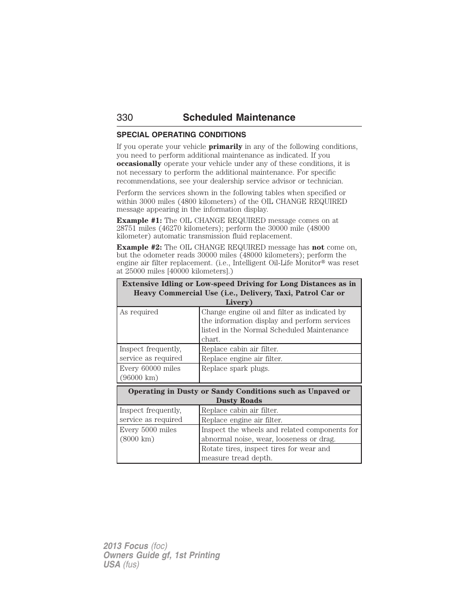 Special operating conditions, 330 scheduled maintenance | FORD 2013 Focus v.1 User Manual | Page 330 / 475