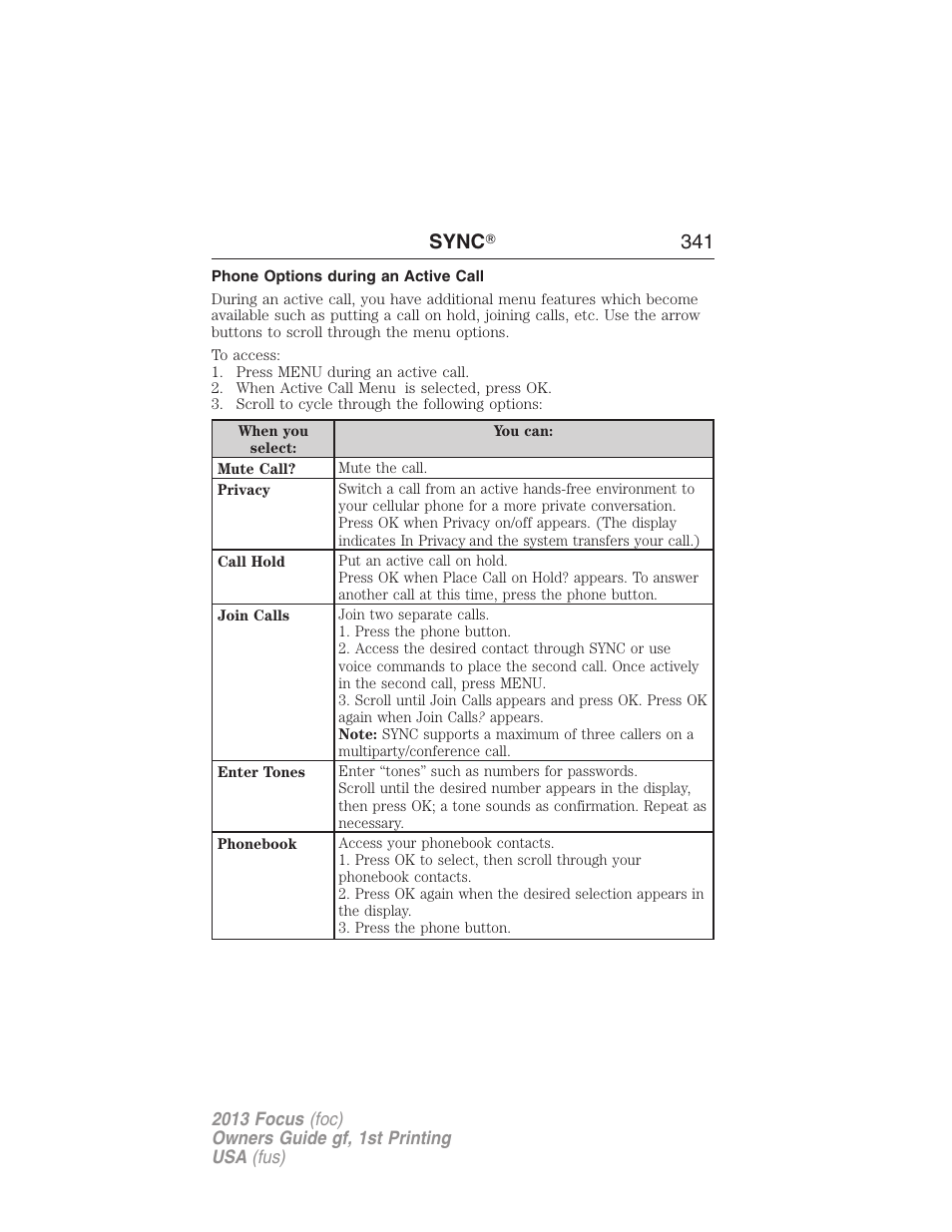 Phone options during an active call, Sync ா 341 | FORD 2013 Focus v.1 User Manual | Page 341 / 475