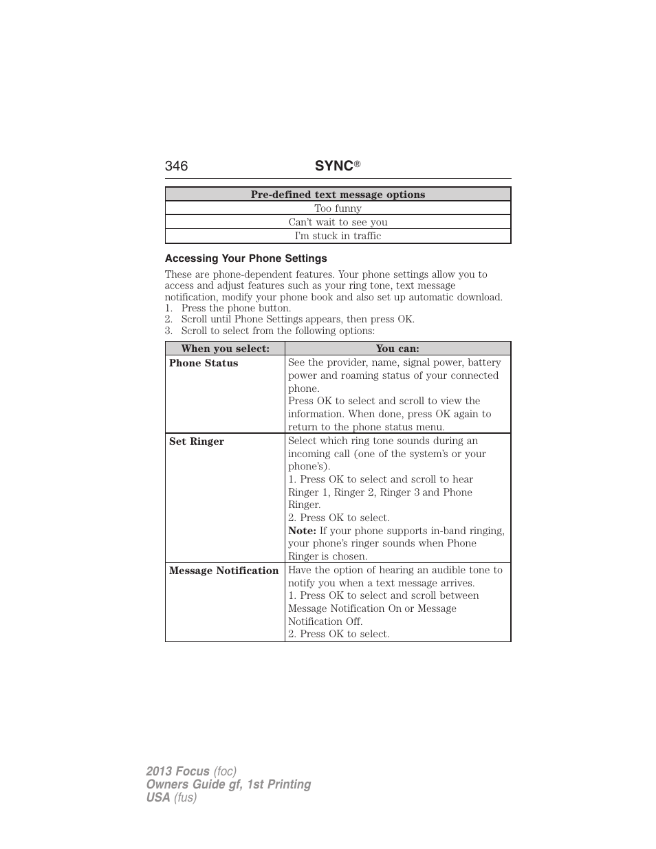 Accessing your phone settings, 346 sync | FORD 2013 Focus v.1 User Manual | Page 346 / 475
