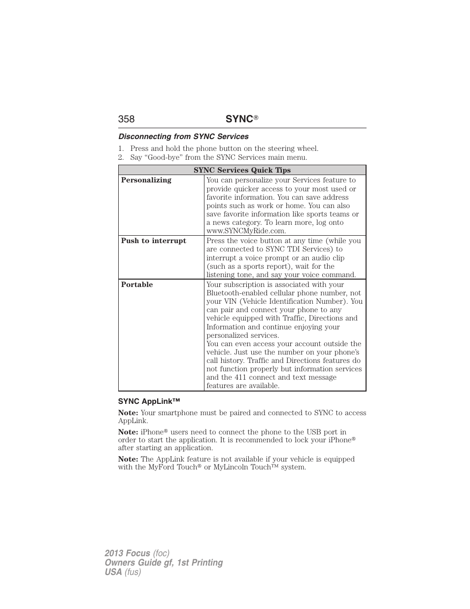 Disconnecting from sync services, Sync applink, 358 sync | FORD 2013 Focus v.1 User Manual | Page 358 / 475