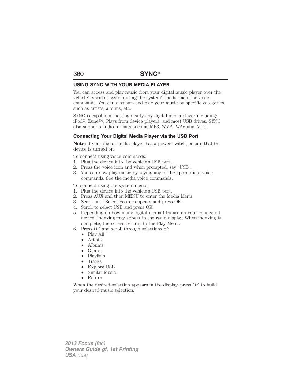 Using sync with your media player, 360 sync | FORD 2013 Focus v.1 User Manual | Page 360 / 475