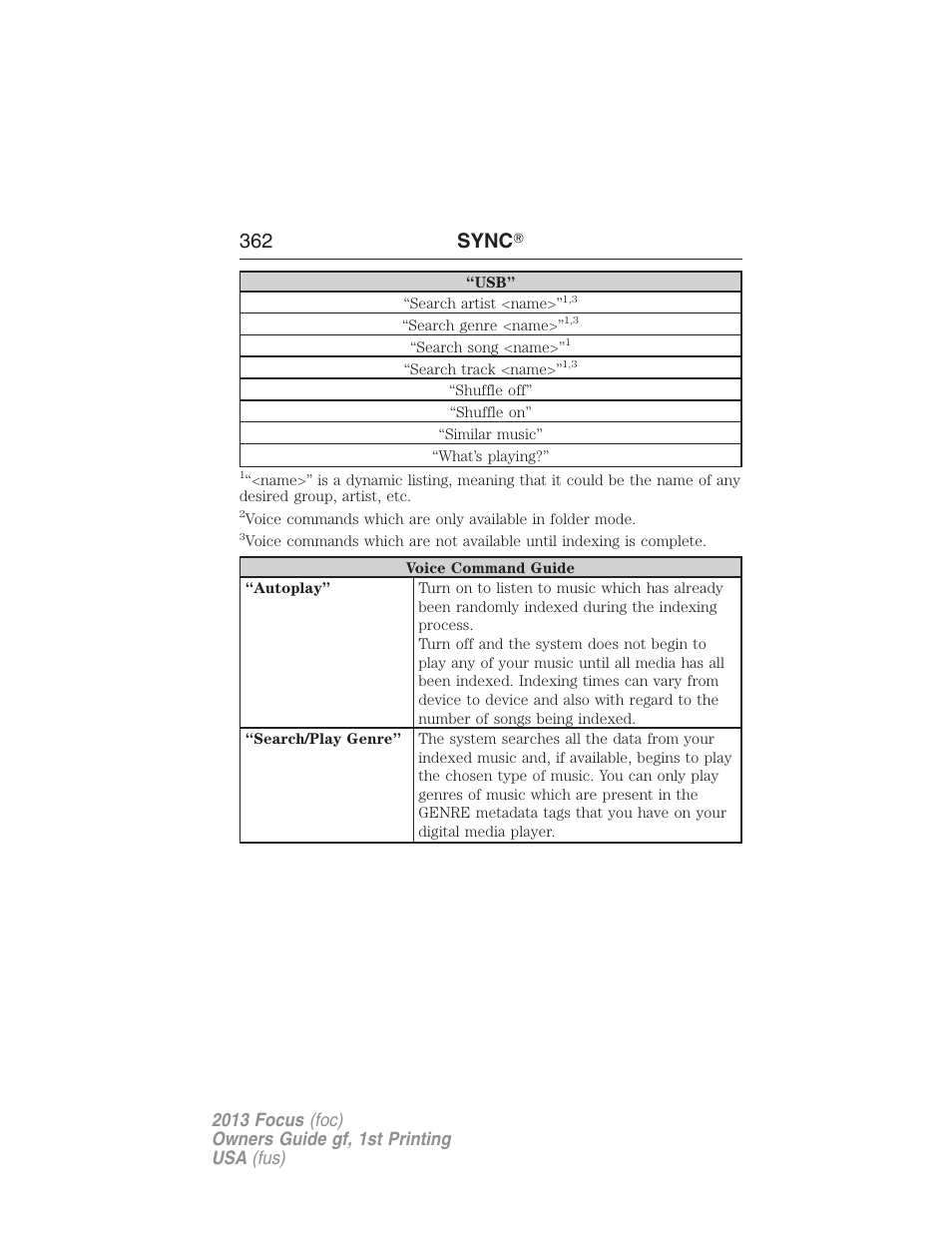 362 sync | FORD 2013 Focus v.1 User Manual | Page 362 / 475