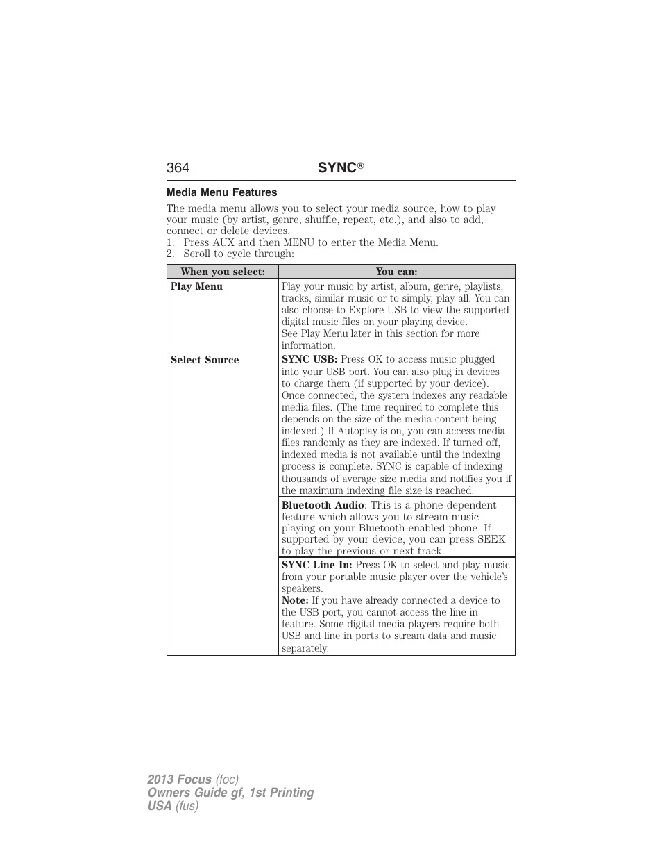 Media menu features, 364 sync | FORD 2013 Focus v.1 User Manual | Page 364 / 475