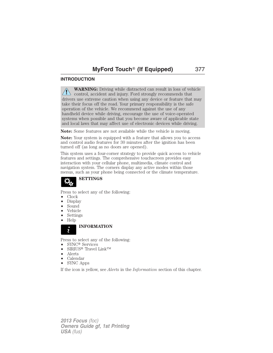 Myford touchĥ (if equipped), Introduction, Myford touch | If equipped), Myford touch ா (if equipped) 377 | FORD 2013 Focus v.1 User Manual | Page 377 / 475